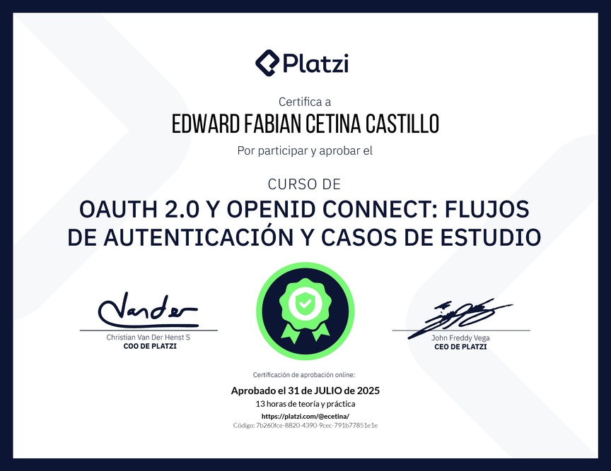 Diploma del Curso de OAuth 2.0 y OpenID Connect: Flujos de Autenticación y Casos de Estudio