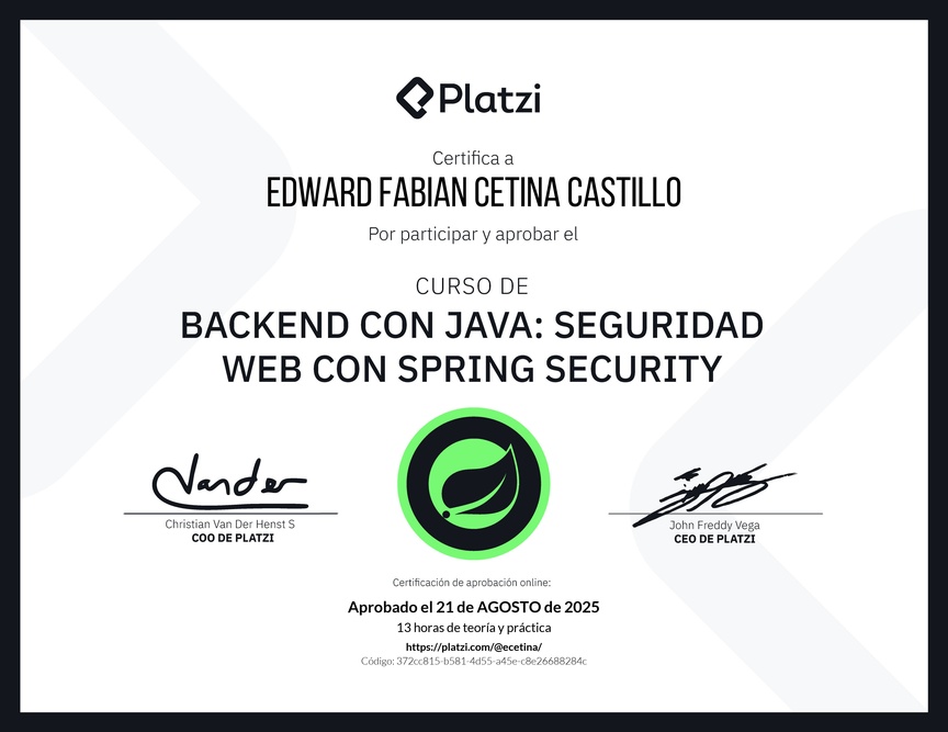 Diploma del Curso de Java Spring Security: Autenticación y Seguridad Web