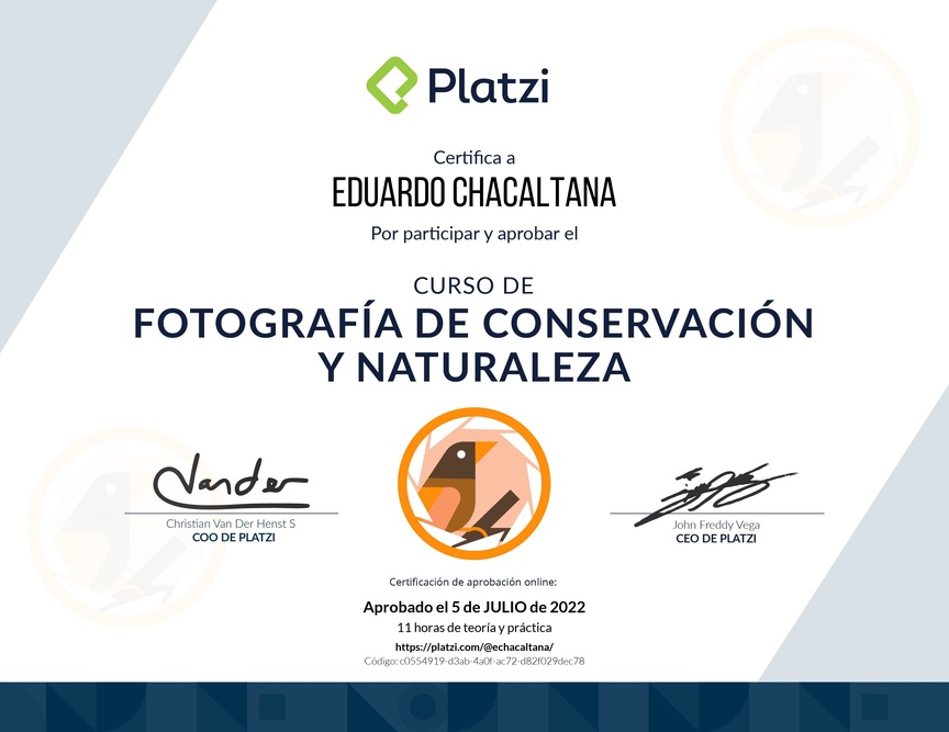 Diploma del Curso de Fotografía de Conservación y Naturaleza