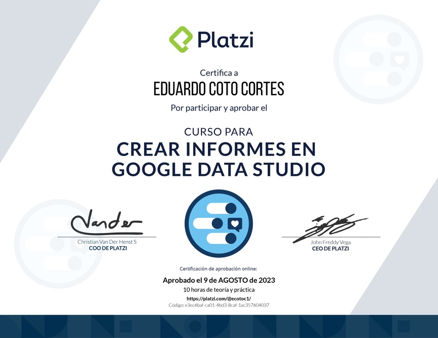 Diploma del Curso para Crear Informes de Redes Sociales con Google Data Studio