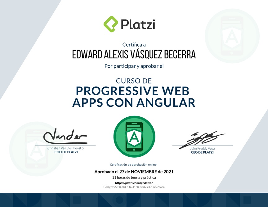 Diploma del Curso de Progressive Web Apps con Angular 8