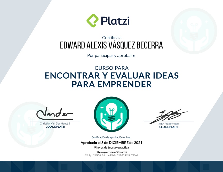 Diploma del Curso para Encontrar y Evaluar Ideas para Emprender
