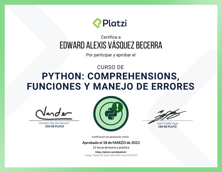 Diploma del Curso de Python: Comprehensions, Funciones y Manejo de Errores