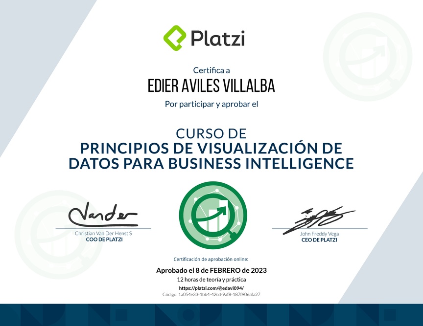 Diploma del Curso de Principios de Visualización de Datos para Business Intelligence (2021)