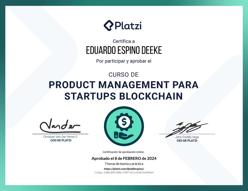 Diploma del Curso de Product Management para Startups Blockchain