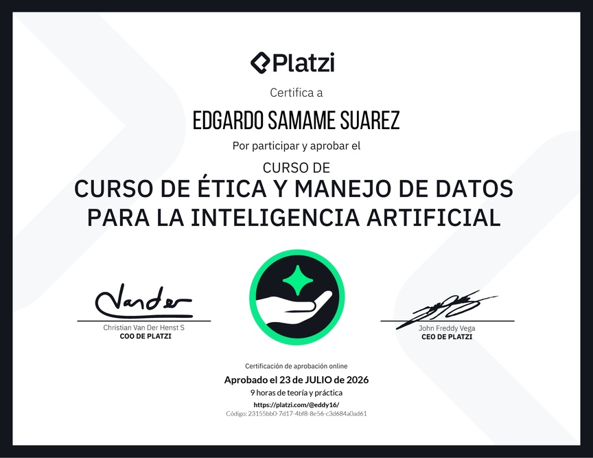 Diploma del Curso de Ética y Manejo de Datos para Inteligencia Artificial