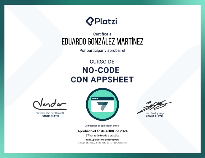 Diploma del Curso de No-Code con Appsheet