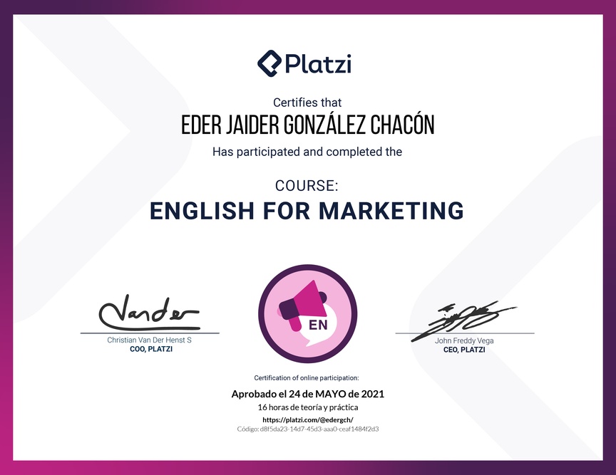 Diploma del Curso para Marketing en Inglés (2020)