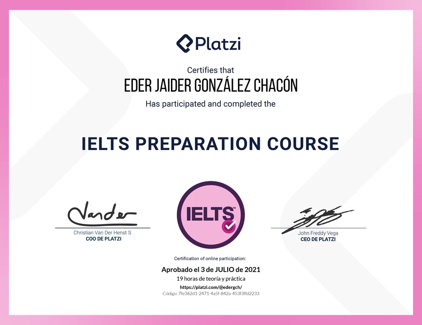 Diploma del Curso de Inglés para Preparación de IELTS (2020)