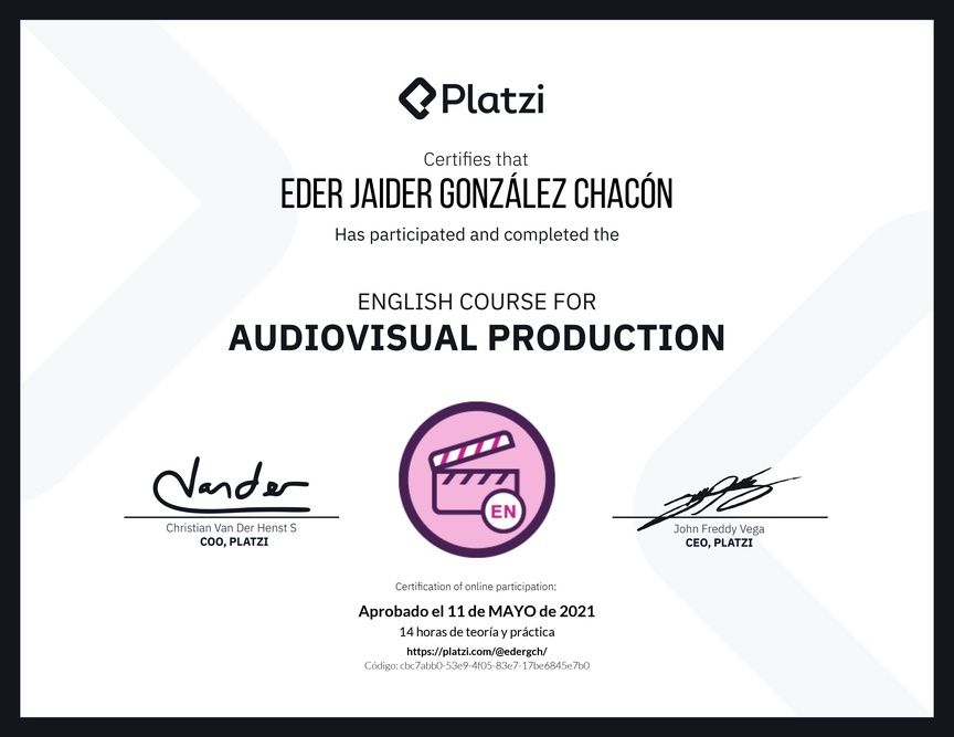Diploma del Curso de Inglés para Producción Audiovisual (2020)