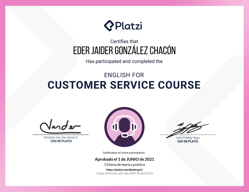 Diploma del Curso de Servicio al Cliente en Inglés (2021)