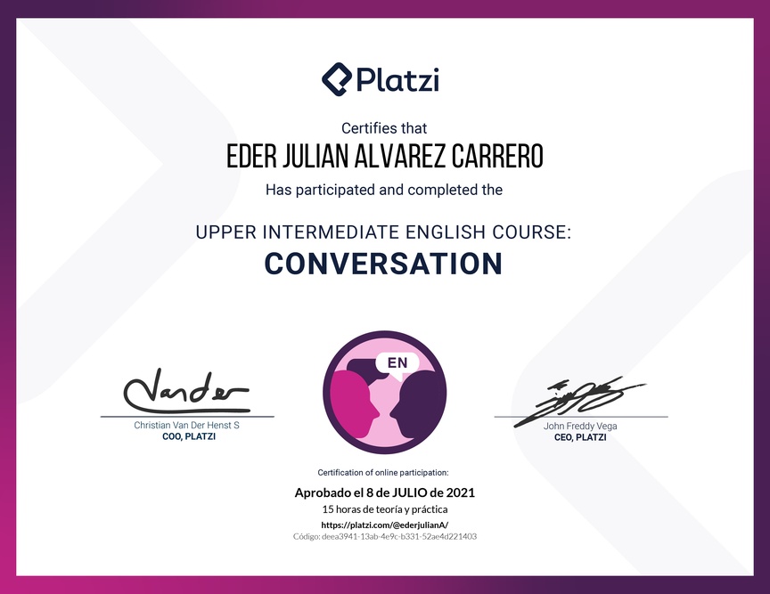 Diploma del Curso de Inglés Intermedio Alto: Conversación 2020