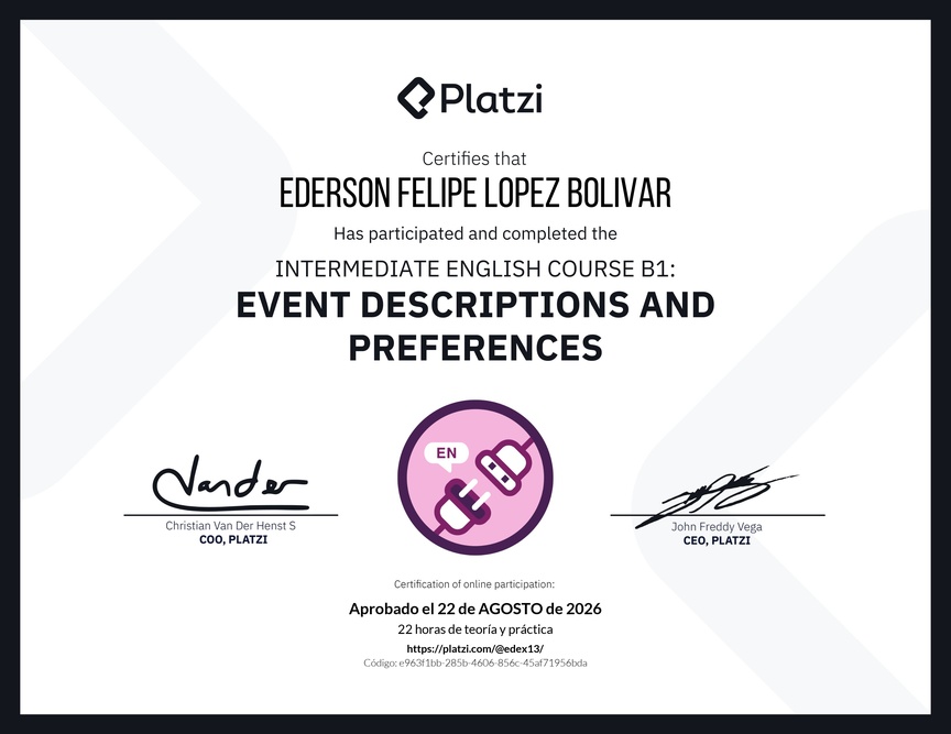 Diploma del Curso de Inglés Intermedio B1: Descripción de Eventos y Preferencias