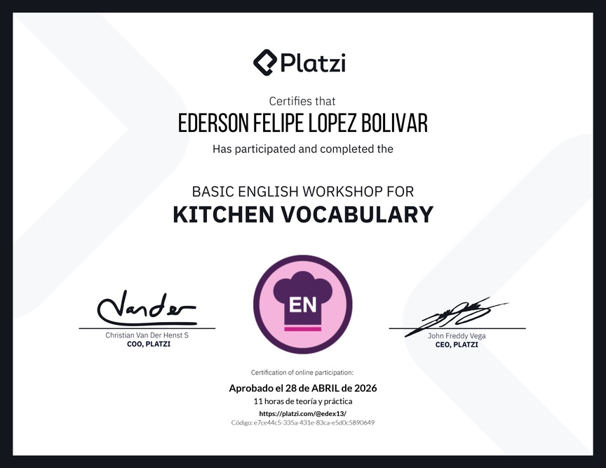 Diploma del Curso de Inglés Práctico sobre Vocabulario de Cocina