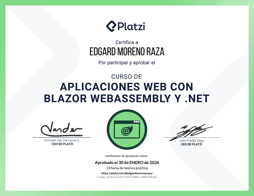 Diploma del Curso de Aplicaciones Web con Blazor WebAssembly y .NET