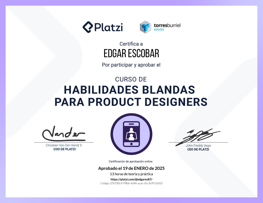 Diploma del Curso de Habilidades Blandas para Product Designers