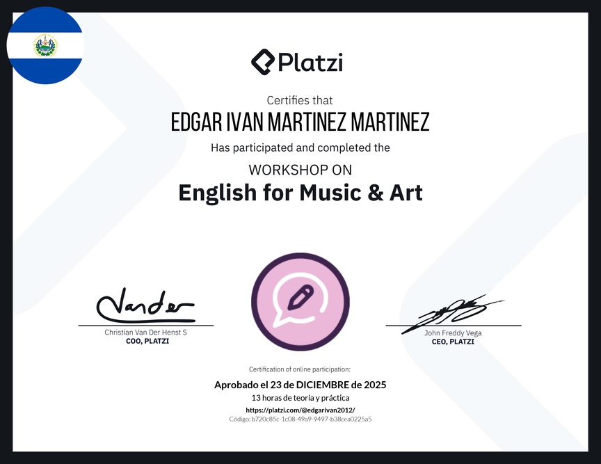 Diploma del Curso de Inglés Práctico sobre Vocabulario de Música y Arte
