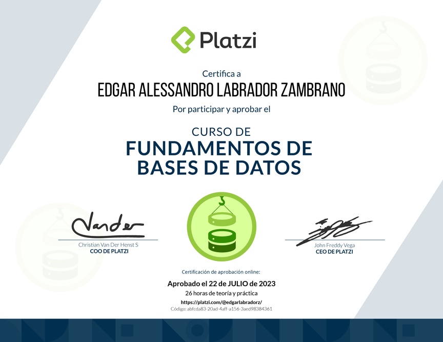Diploma del Curso de Fundamentos de Bases de Datos 2019