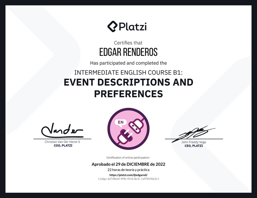 Diploma del Curso de Inglés Intermedio B1: Descripción de Eventos y Preferencias