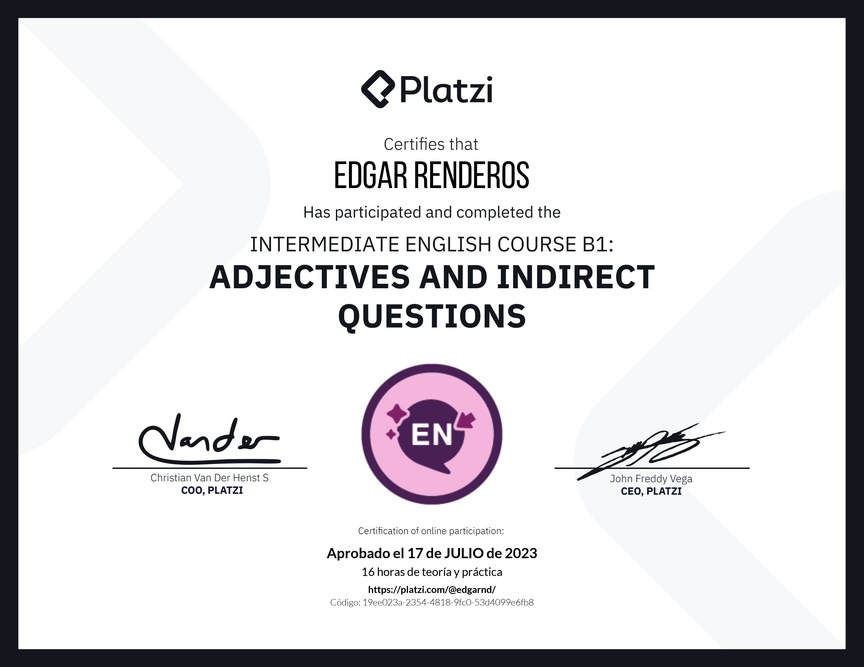 Diploma del Curso de Inglés Intermedio: Adjetivos y Preguntas Indirectas (2021)