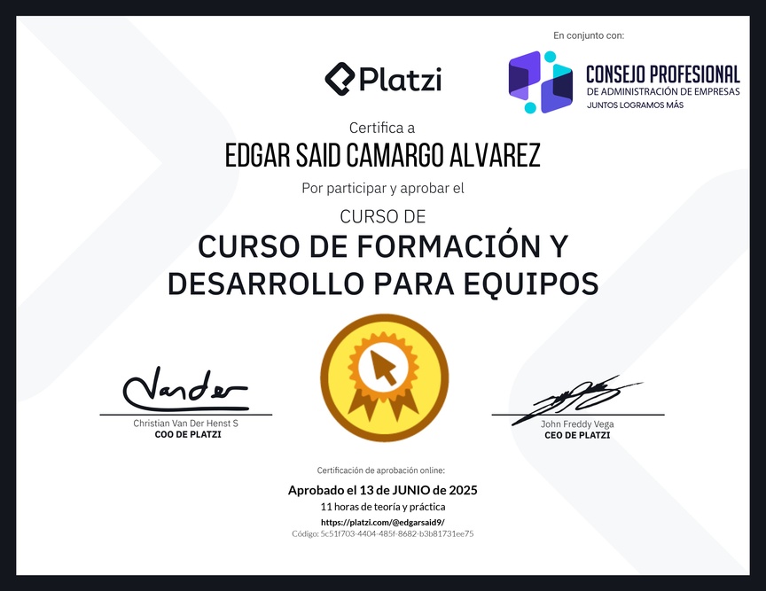 Diploma del Curso de Formación y Desarrollo para Equipos