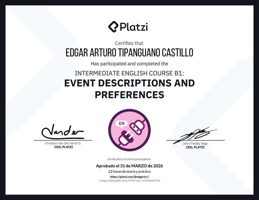 Diploma del Curso de Inglés Intermedio B1: Descripción de Eventos y Preferencias