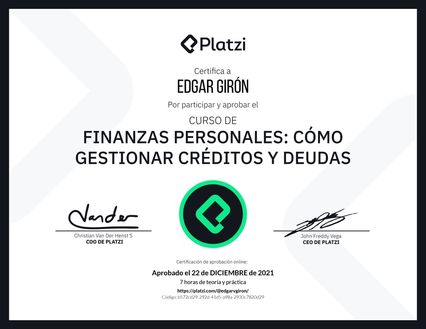 Diploma del Curso de Finanzas Personales: Cómo Gestionar Créditos y Deudas