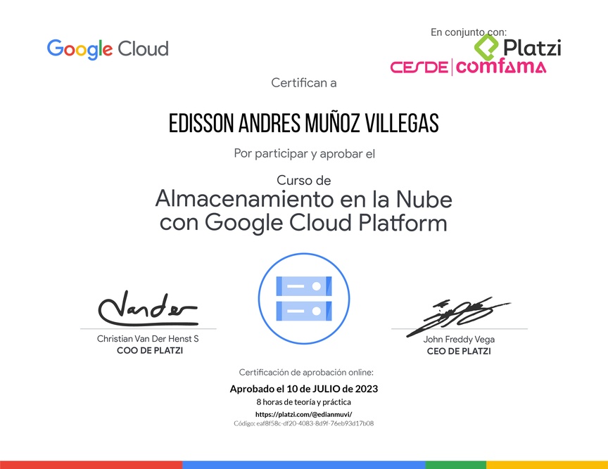 Diploma del Curso de Almacenamiento en la Nube con Google Cloud Platform