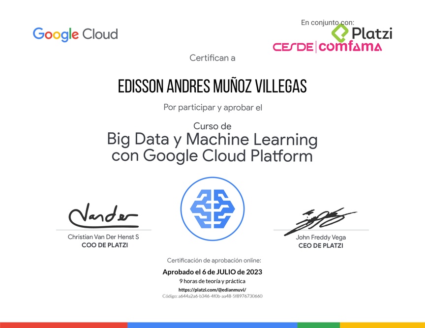 Diploma del Curso de Big Data y Machine Learning con Google Cloud Platform