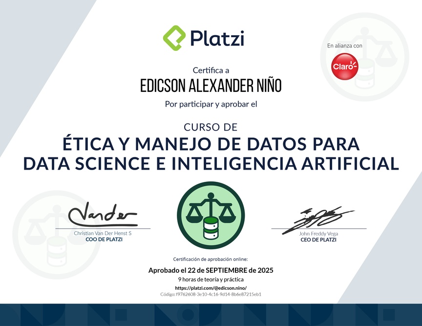 Diploma del Curso de Ética y Manejo de Datos para Data Science e Inteligencia Artificial