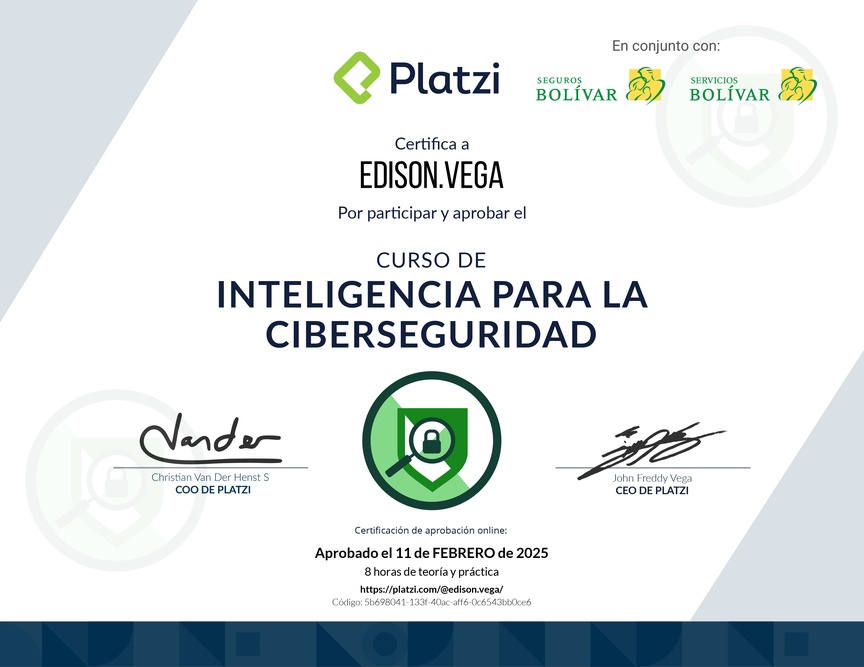 Diploma del Curso de Inteligencia para la Ciberseguridad