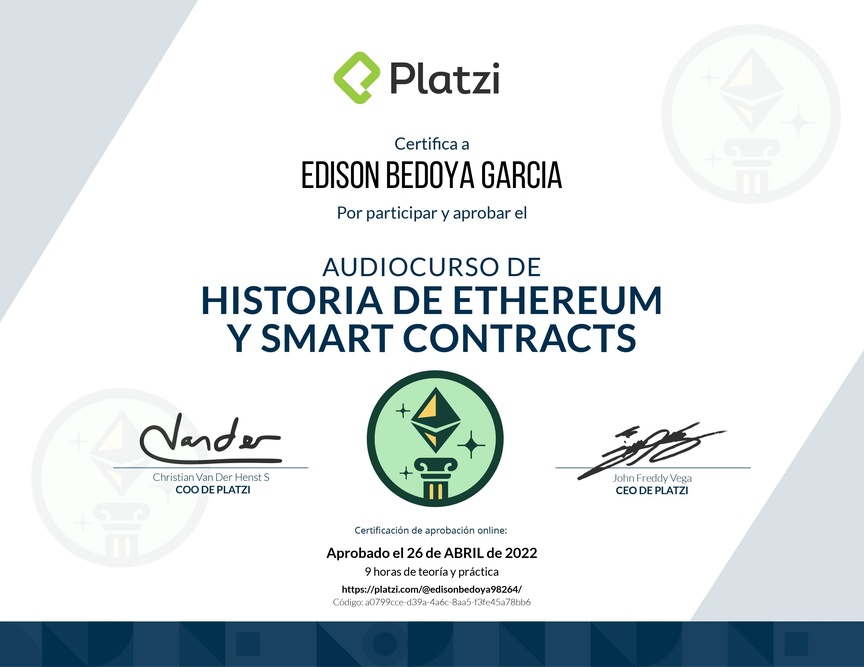 Diploma de Audiocurso de Historia de Ethereum y Smart Contracts