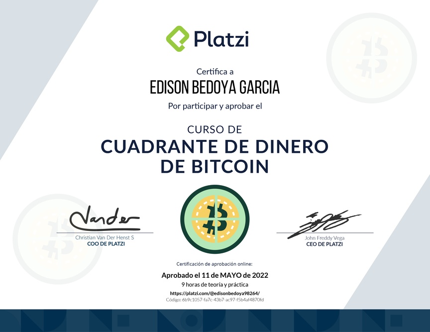 Diploma de Cuadrante de Dinero de Bitcoin y Criptomonedas