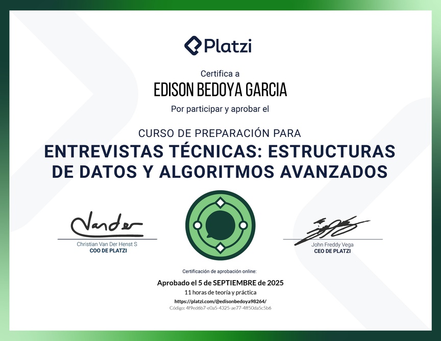 Diploma del Curso de Entrevistas Técnicas: Estructuras de Datos y Algoritmos Avanzados