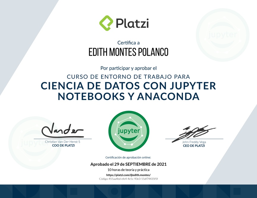 Diploma del Curso de Entorno de Trabajo para Ciencia de Datos con Jupyter Notebooks y Anaconda