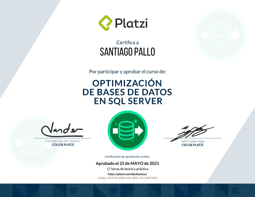 Diploma del Curso de Optimización de Bases de Datos en SQL Server