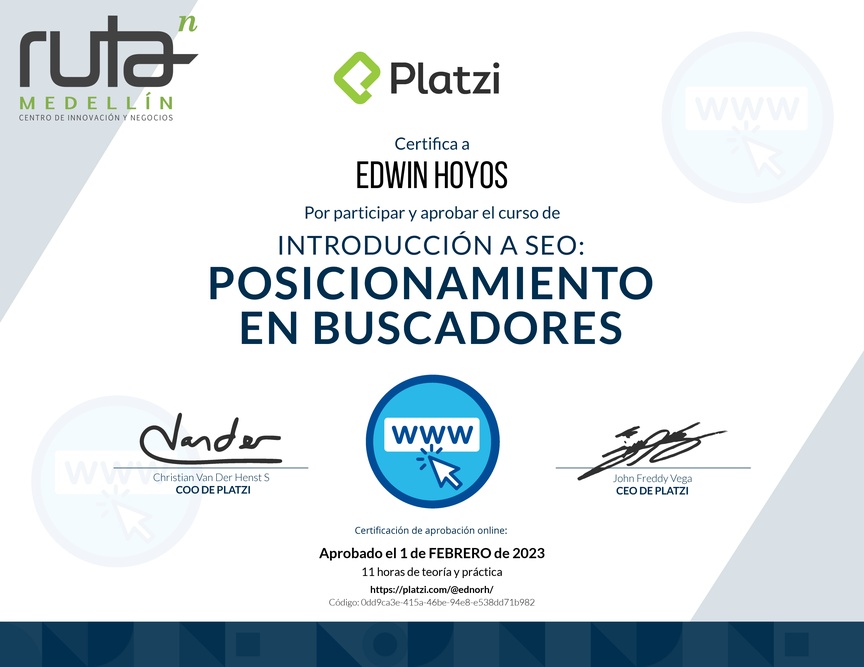 Diploma del Curso de Introducción a SEO: Posicionamiento en Buscadores