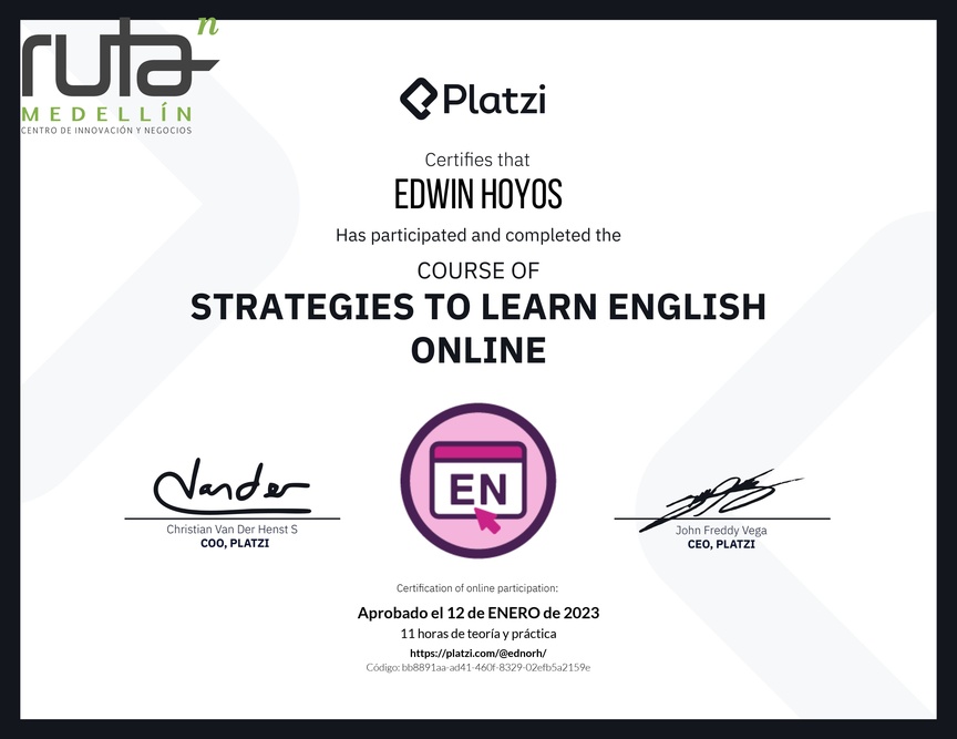 Diploma del Curso Gratis de Estrategias para Aprender Inglés en Línea