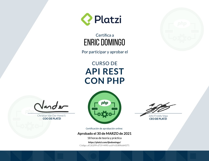 Diploma del Curso de API REST con PHP