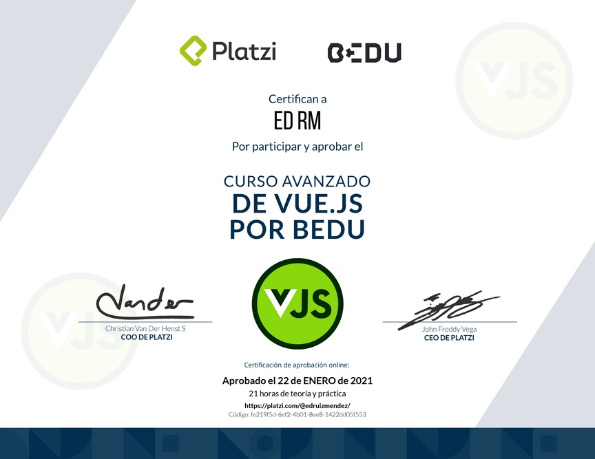 Diploma del Curso Avanzado de Vue.js 2 y Firebase por Bedu