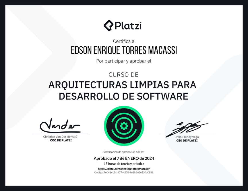 Diploma del Curso de Arquitecturas Limpias para Desarrollo de Software