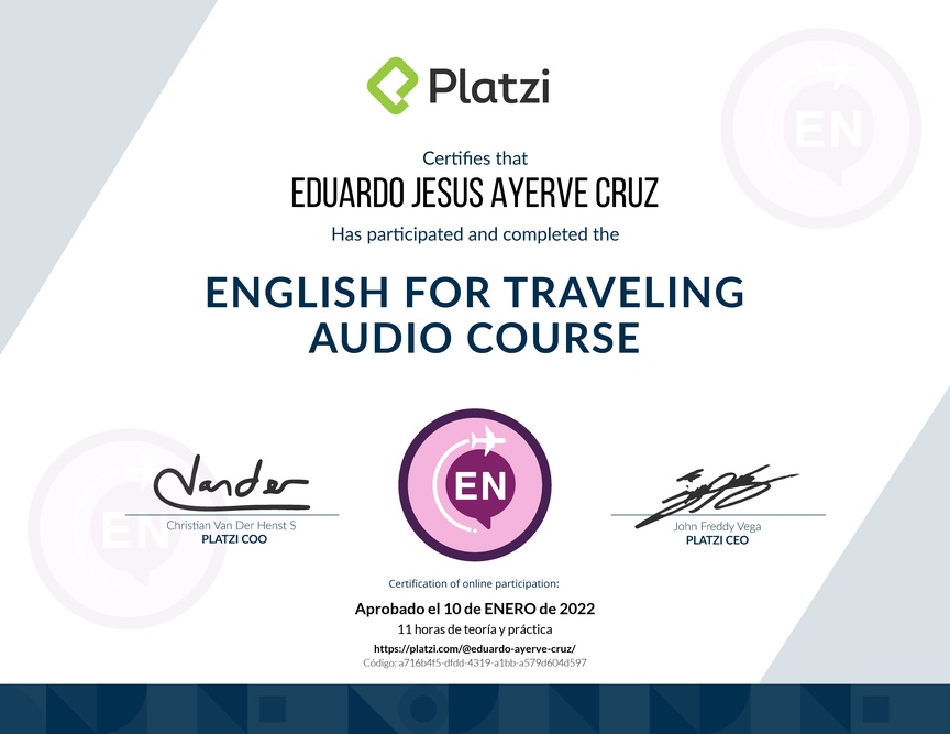Diploma de Audio Curso de Inglés para Viajes
