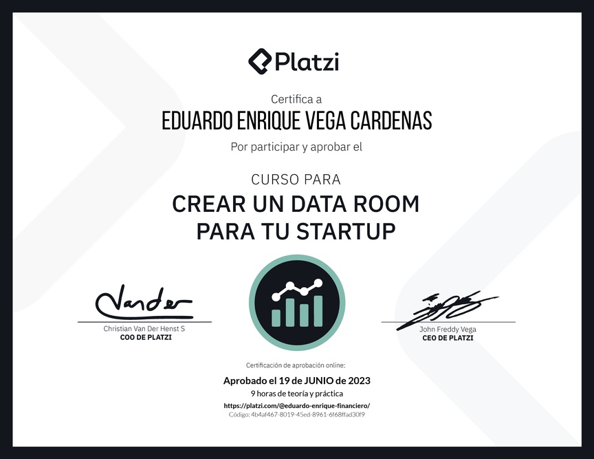 Diploma del Curso para Crear un Data Room para tu Startup