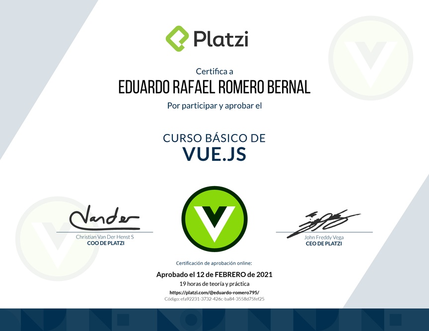 Diploma del Curso Básico de Vue.js 2