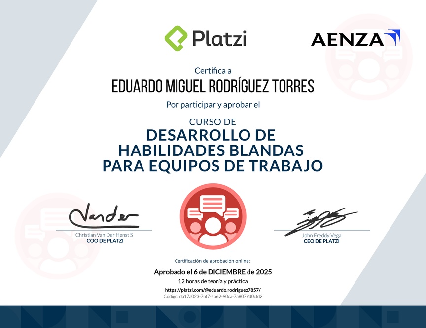 Diploma del Curso de Desarrollo de Habilidades Blandas para Equipos de Trabajo