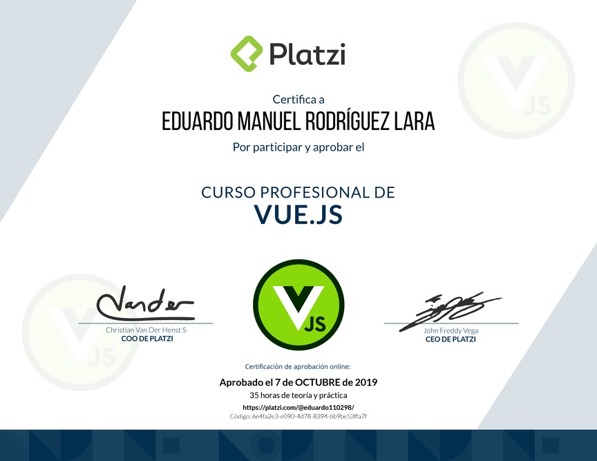 Diploma del Curso Profesional de Vue.js 2