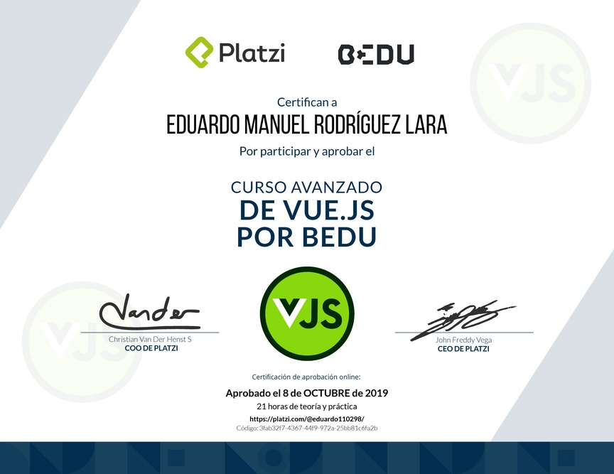 Diploma del Curso Avanzado de Vue.js 2 y Firebase por Bedu