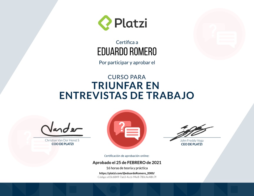 Diploma del Curso para Triunfar en Entrevistas de Trabajo