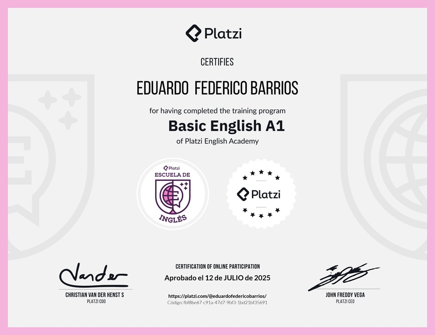 Diploma de la Ruta de Aprendizaje de Inglés Básico A1