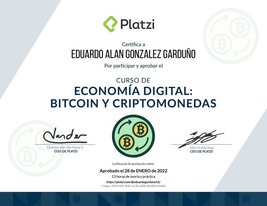 Diploma del Curso de Economía Digital: Bitcoin y Criptomonedas